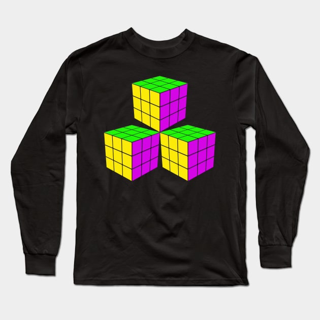 Three Rubik Cubes in a Triangle - Yellow, Green and Pink Long Sleeve T-Shirt by The Black Panther